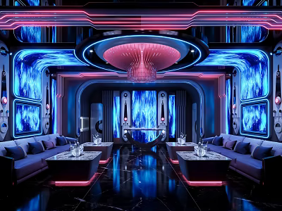 Luxurious KTV Lounge With Neon Lights Blue Wall Decor And Comfortable Seating 3d model