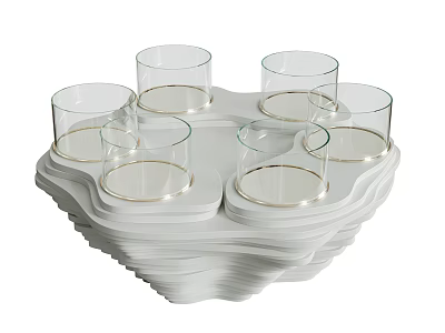 Mall Counter White Tray With Wavy Stacked Design And Transparent Glass Cups Golden Edges 3d model