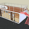 Innovative Container Building With Upper Deck Metal Railings Red Staircase Large Windows And Wooden Shelves