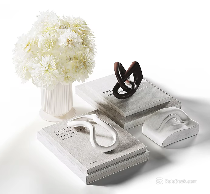 Modern Decorative Ornament Set With White Flower Bouquet Stacked Books And Sculptures For Home Decor 3d model 