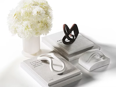 Modern Decorative Ornament Set With White Flower Bouquet Stacked Books And Sculptures For Home Decor 3d model