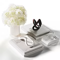 Modern Decorative Ornament Set With White Flower Bouquet Stacked Books And Sculptures For Home Decor
