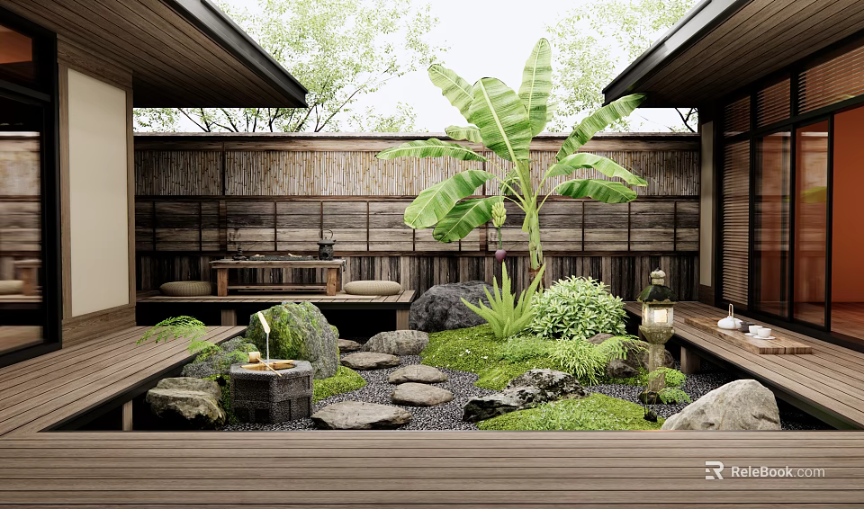 Serene Japanese Style Courtyard Garden With Wooden Seating Stone Path Fountain And Lush Green Plants 3d model 