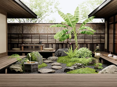 Serene Japanese Style Courtyard Garden With Wooden Seating Stone Path Fountain And Lush Green Plants 3d model