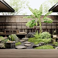 Serene Japanese Style Courtyard Garden With Wooden Seating Stone Path Fountain And Lush Green Plants