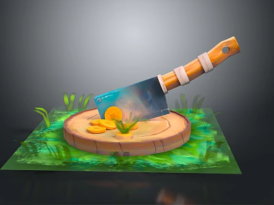 Kitchen Knife with Orange Handle on Wooden Cutting Board and Lemon Slices with Green Grass 3d model