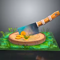 Kitchen Knife with Orange Handle on Wooden Cutting Board and Lemon Slices with Green Grass