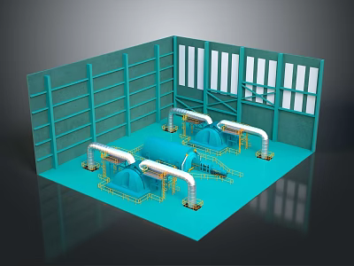 Industrial Equipment Setup With Blue Piping In Facility And Green Wall Structures 3d model