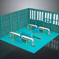 Industrial Equipment Setup With Blue Piping In Facility And Green Wall Structures