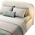 Modern Double Bed With Curved Headboard Soft Gray Light Blue Bedding Fringed Bedspread 3d model