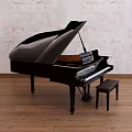 Black Grand Piano With Small Stool Against Textured Light-Colored Wall And Wooden Floor