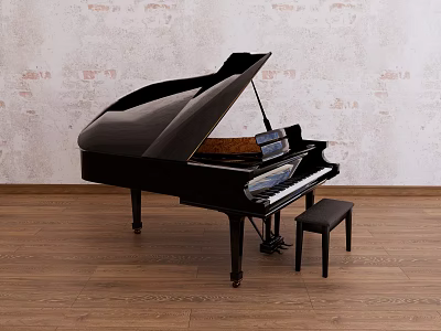 Black Grand Piano With Small Stool Against Textured Light-Colored Wall And Wooden Floor 3d model