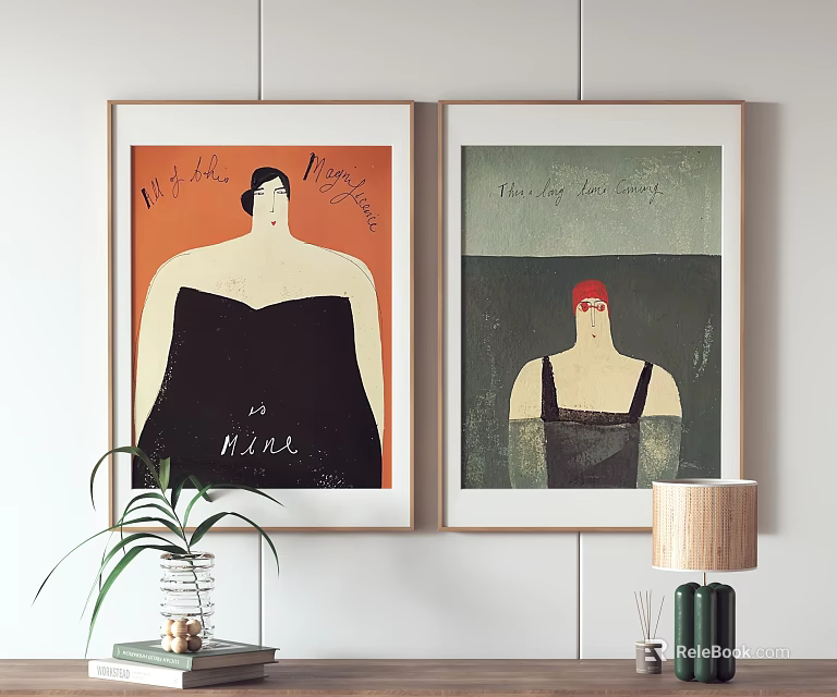 Two Stylish Portrait Paintings With Orange Green Backgrounds Black Clothing And Red Headscarf Interior Decor 3d model 