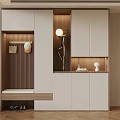 Modern Shoe Cabinet Design With White Wooden Panels Bag Hanging Space Bench And Floor Lamp