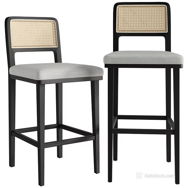 Stylish Black Wood Bar Stools With Natural Rattan Back And Soft Padded Grey Fabric Seats 3d model 