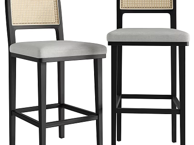 Stylish Black Wood Bar Stools With Natural Rattan Back And Soft Padded Grey Fabric Seats 3d model