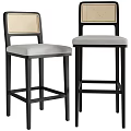 Stylish Black Wood Bar Stools With Natural Rattan Back And Soft Padded Grey Fabric Seats