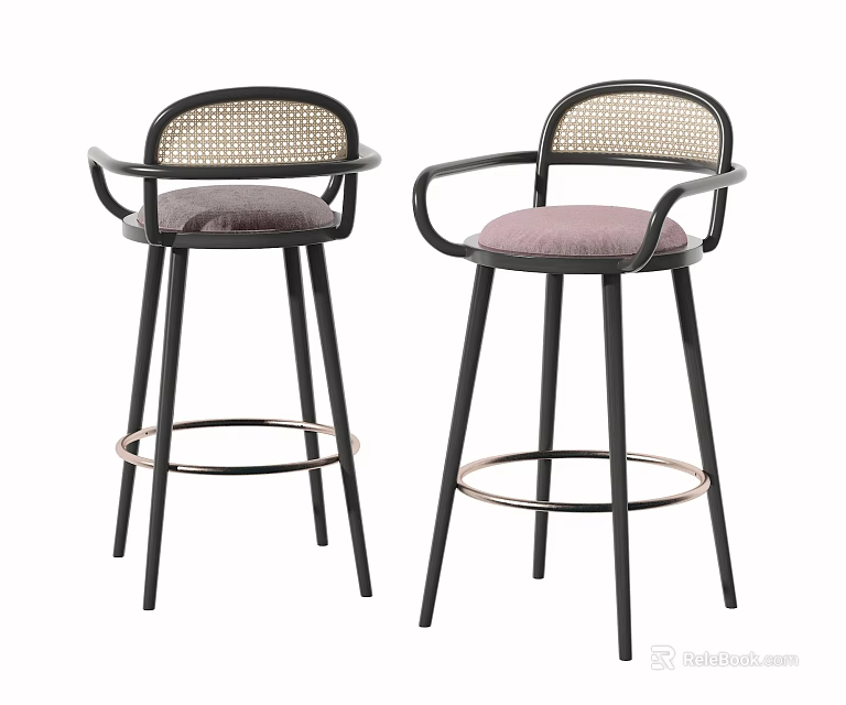 Modern Bar Stools with Black Frame Rattan Armrests and Light Purple Padded Seat Metal Footrest 3d model 