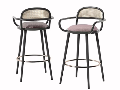 Modern Bar Stools with Black Frame Rattan Armrests and Light Purple Padded Seat Metal Footrest 3d model