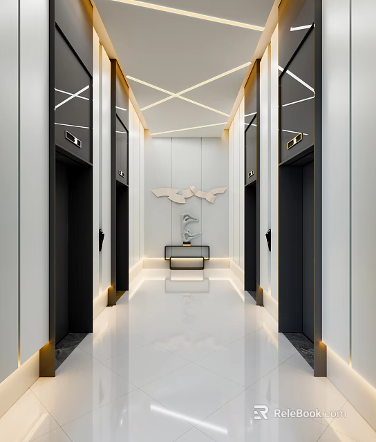 Modern Elevator Hallway Interior With Geometric Ceiling White Floor And Black Doors 3d model