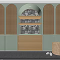 Arched Lattice Wardrobe In Light Green With Wooden Drawers And Patterned Fabric Shelves