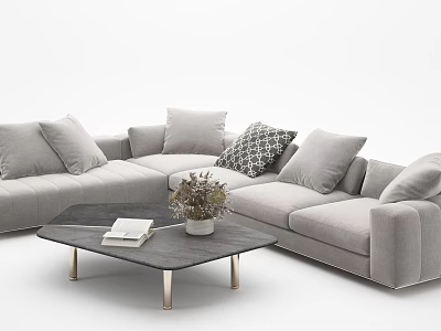 Modern Gray L Shaped Sofa and Coffee Table Set with Pillows Book and Flower Vase 3d model