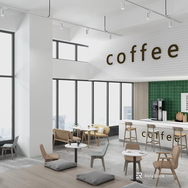 Contemporary Café Featuring Large Windows Coffee Sign Green Tiled Wall Bar Counter Tables And Chairs 3d model 