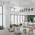 Contemporary Café Featuring Large Windows Coffee Sign Green Tiled Wall Bar Counter Tables And Chairs