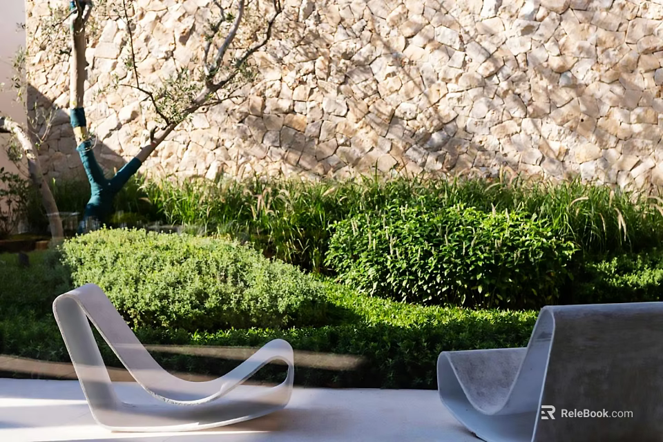 Outdoor Lounge Chairs With Modern Design Against Stone Wall And Green Bushes 3d model 