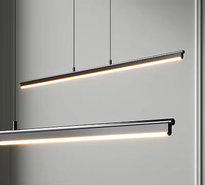 Modern Linear Pendant Lights With Sleek Design And LED Illumination Hanging In Contemporary Kitchen 3d model