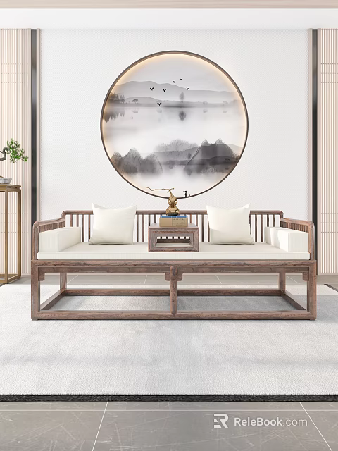 Traditional Chinese Daybed Interior With Round Ink Painting White Cushions And Golden Ornament 3d model 