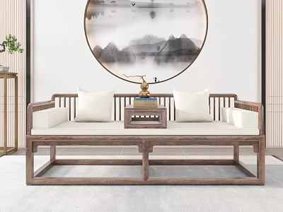 Traditional Chinese Daybed Interior With Round Ink Painting White Cushions And Golden Ornament 3d model