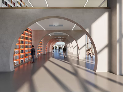 Book Art Library Interior With Arched Corridors Bookshelves And People Walking 3d model