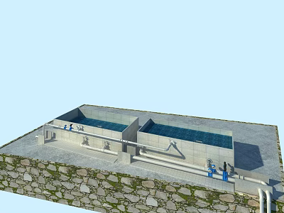 Ornamental Garden Features With Two Rectangular Water Pools Stone Wall Blue Fixtures And Pipes 3d model