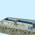 Ornamental Garden Features With Two Rectangular Water Pools Stone Wall Blue Fixtures And Pipes
