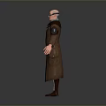 3D Character Model Wearing Brown Long Coat Blue Glasses Extended Arms And Decorative Buttons