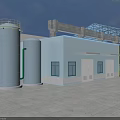 Industrial Factory Building With Large Storage Tanks Yellow Ladders White Walls Windows And Green Trees