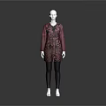 Red Belted Mid Length Coat On Mannequin With Black Top And White Shoes
