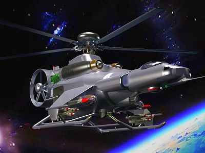 Futuristic Military Helicopter With Weapons Flying In Outer Space Near Earth 3d model