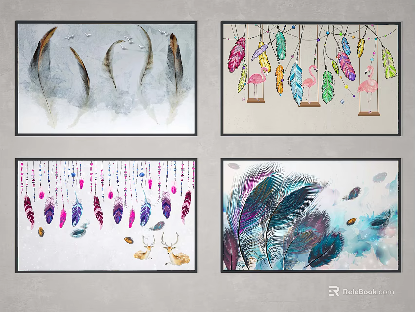 Colorful Feather Wall Art Decor With Watercolor Design And Hanging Elements 3d model 