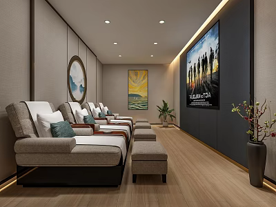 Serene SPA Sauna Room With Comfortable Lounge Chairs Wooden Flooring And Decorative Art 3d model