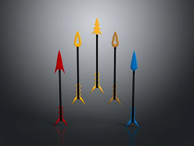 Red Yellow Blue Arrow Weapons with Black Shafts Arranged in 3d model