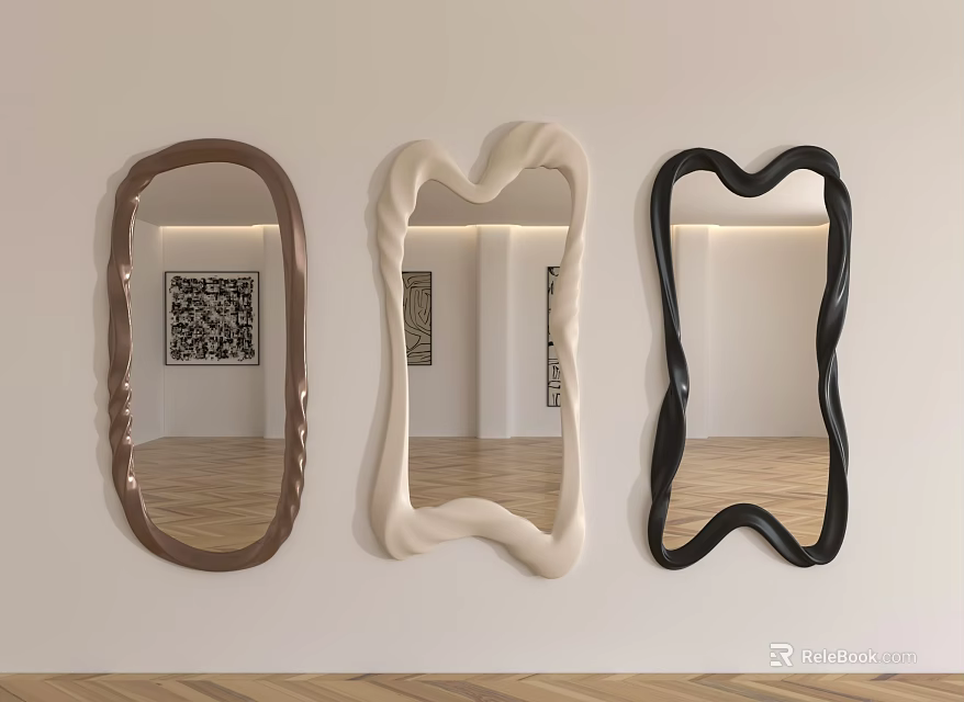 Three Mirrors With Unique Shapes And Colors In Minimalist Room 3d model 