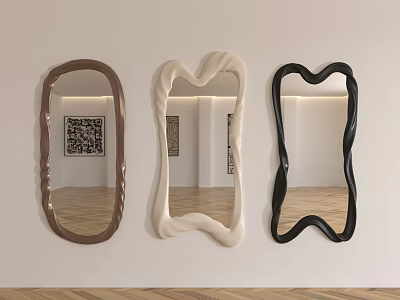 Three Mirrors With Unique Shapes And Colors In Minimalist Room 3d model