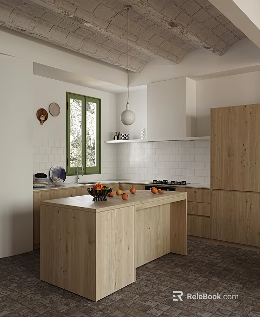 Modern Kitchen Interior Design With Wooden Island Cabinets White Tiled Walls And Green Window 3d model 