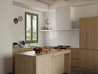 Modern Kitchen Interior Design With Wooden Island Cabinets White Tiled Walls And Green Window 3d model