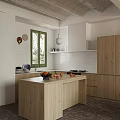 Modern Kitchen Interior Design With Wooden Island Cabinets White Tiled Walls And Green Window