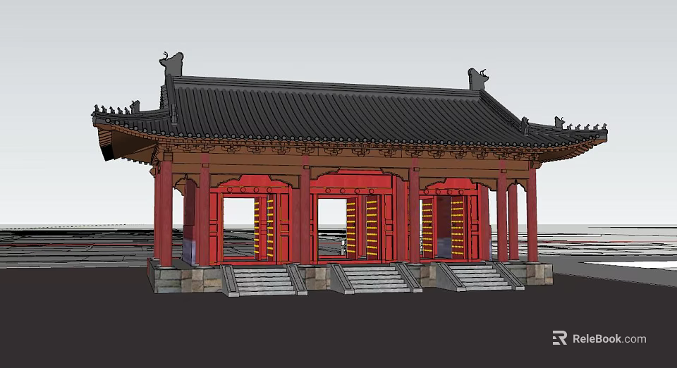 Traditional Chinese Entrance Gate With Red Doors Black Roof And Stone Steps 3d model 