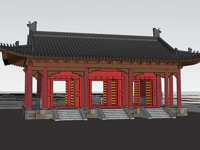 Traditional Chinese Entrance Gate With Red Doors Black Roof And Stone Steps 3d model