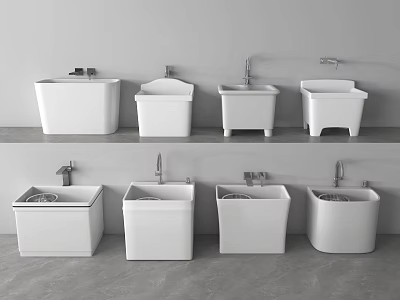 Modern White Utility Basins With Faucets Arranged On Shelves For Home Use 3d model